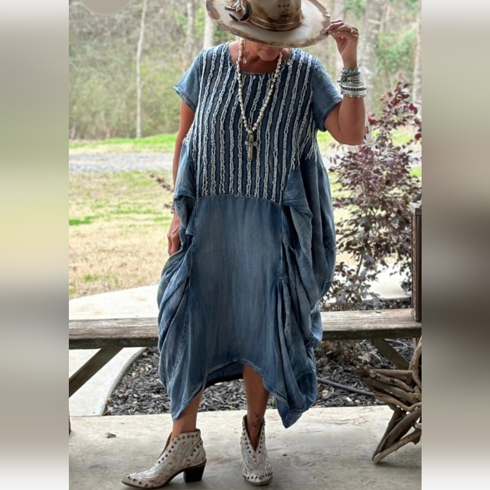 Jaded Gypsy Gather Together Dress Chambray L/XL Lagenlook Assymetrical Skirt